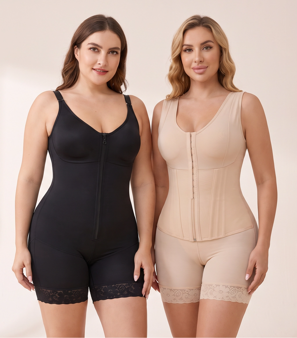 Two women modeling shapewear bodysuits and shorts in studio. The woman on the left wears a black camisole-style shapewear bodysuit with matching shorts.